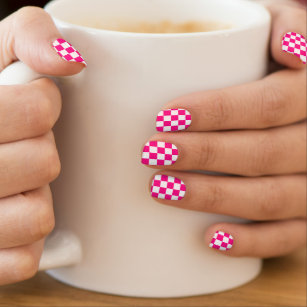 Checkered squares hot pink white geometric retro minx nail art