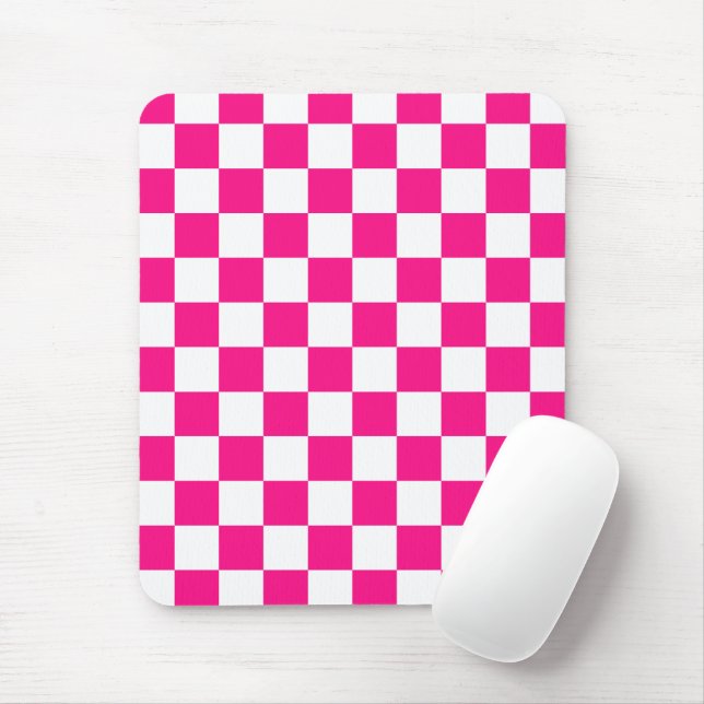 Checkered squares hot pink white geometric retro mouse pad (With Mouse)