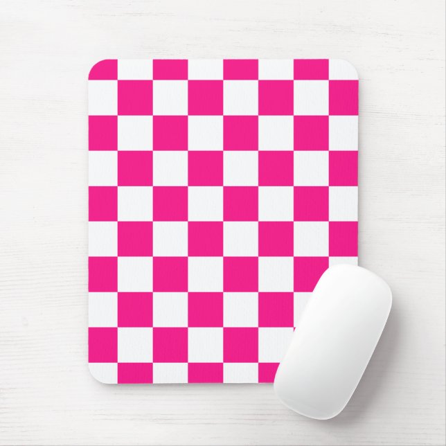 Checkered squares hot pink white geometric retro mouse pad (With Mouse)