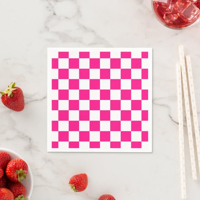 Checkered squares hot pink white geometric retro napkins (Insitu)