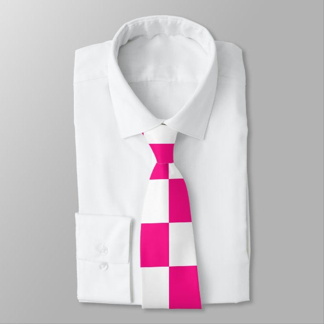 Checkered squares hot pink white geometric retro neck tie (Tied)
