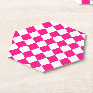 Checkered squares hot pink white geometric retro paper coaster