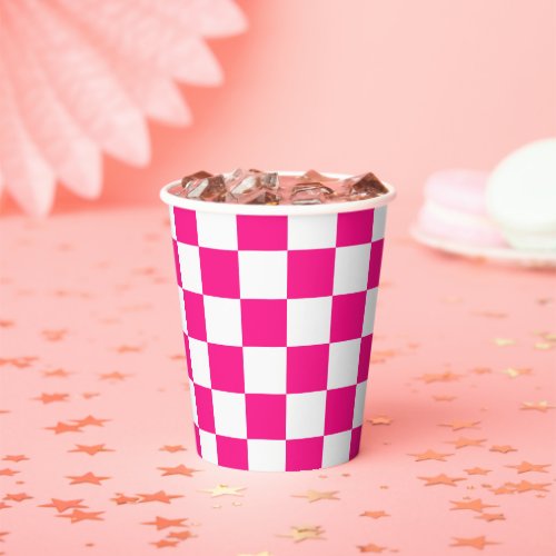 Checkered squares hot pink white geometric retro paper cups