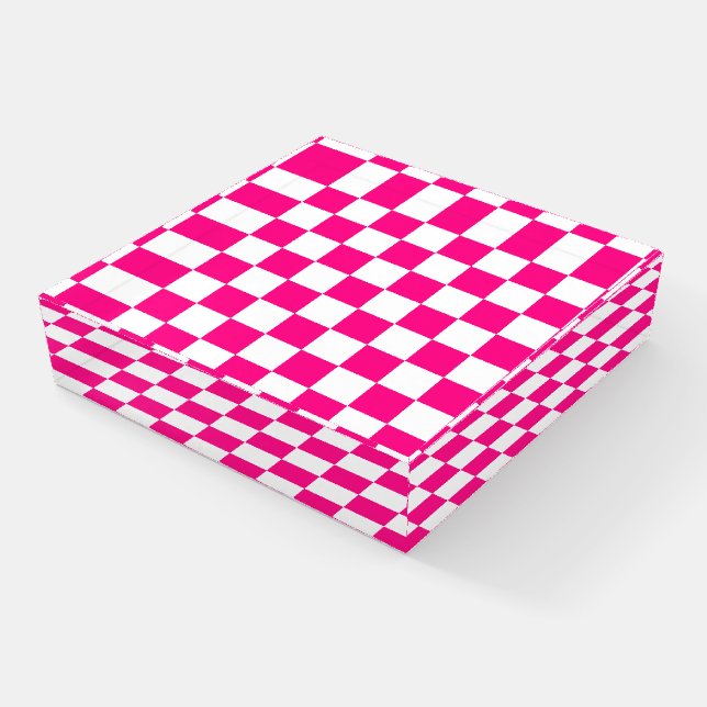 Checkered squares hot pink white geometric retro paperweight (Angled)