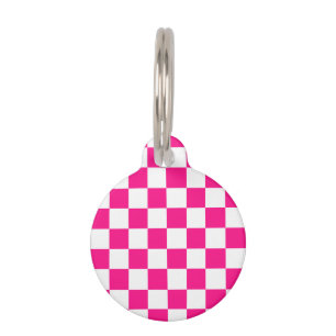 Checkered squares hot pink white geometric retro pet ID tag