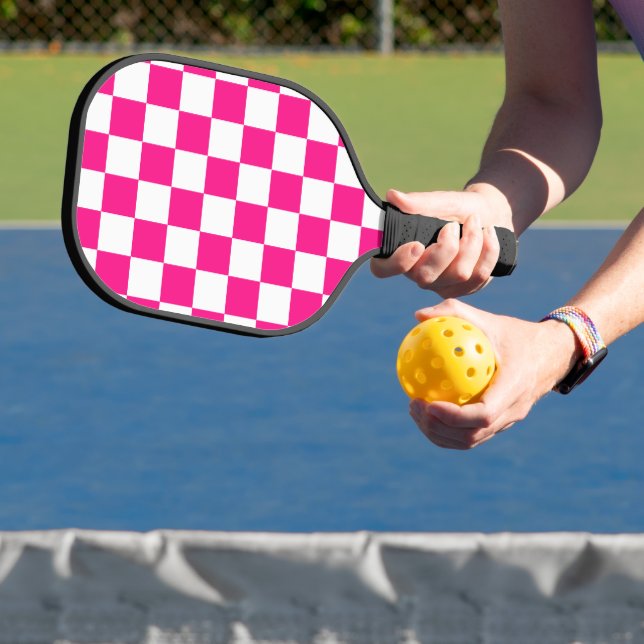 Checkered squares hot pink white geometric retro pickleball paddle (Insitu)