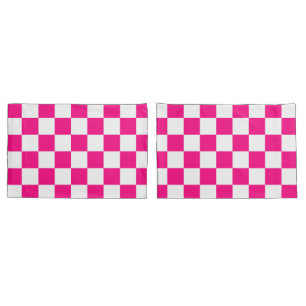 Checkered squares hot pink white geometric retro pillow case