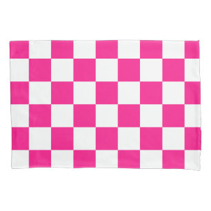 Checkered squares hot pink white geometric retro pillow case