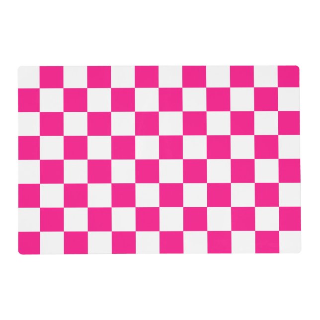 Checkered squares hot pink white geometric retro placemat (Front)