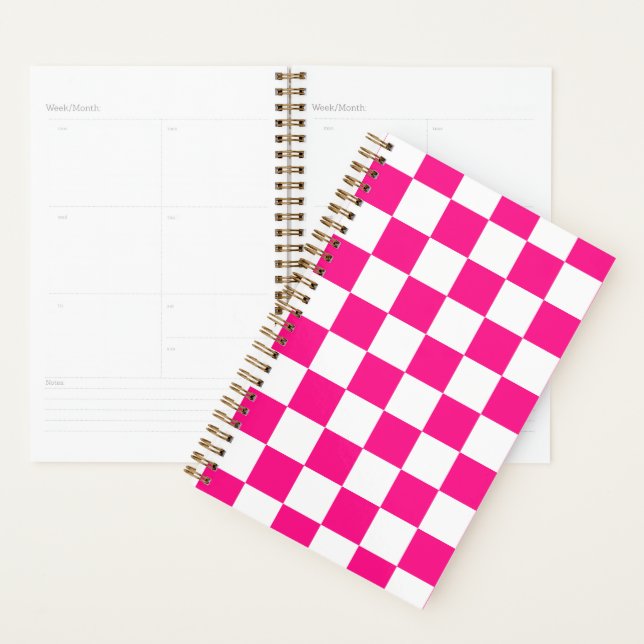 Checkered squares hot pink white geometric retro planner (Display)