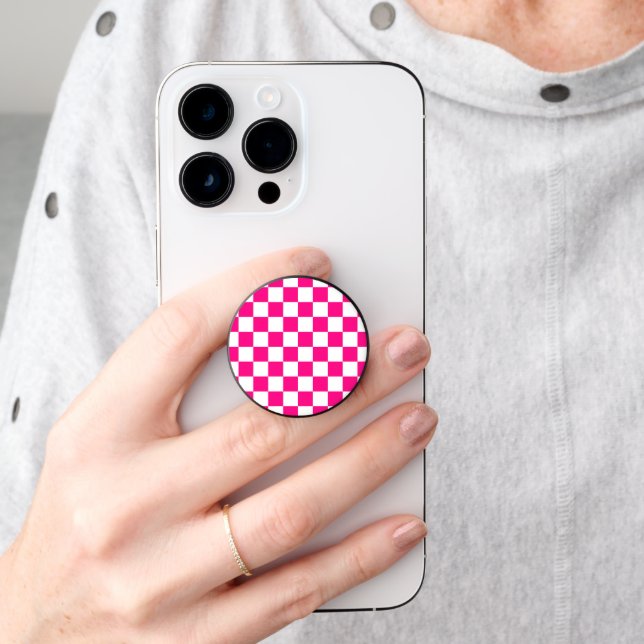Checkered squares hot pink white geometric retro PopSocket (Hand)