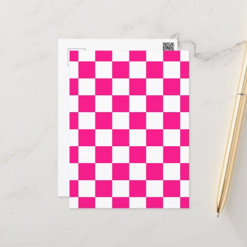 Checkered squares hot pink white geometric retro postcard