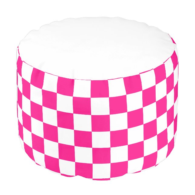 Checkered squares hot pink white geometric retro pouf (Angled Front)