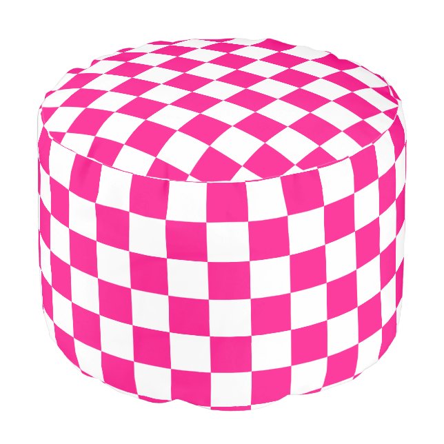 Checkered squares hot pink white geometric retro pouf (Angled Front)