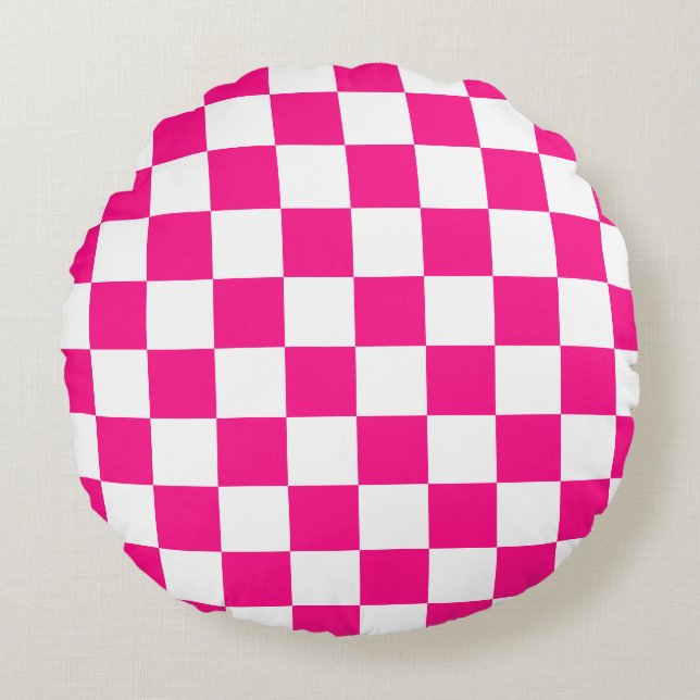 Checkered squares hot pink white geometric retro round pillow (Front)