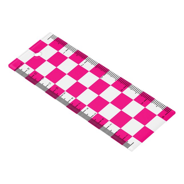 Checkered squares hot pink white geometric retro ruler (Angled)