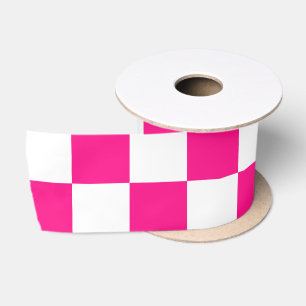 Checkered squares hot pink white geometric retro satin ribbon