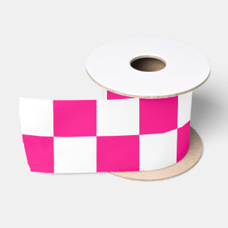 Checkered squares hot pink white geometric retro satin ribbon