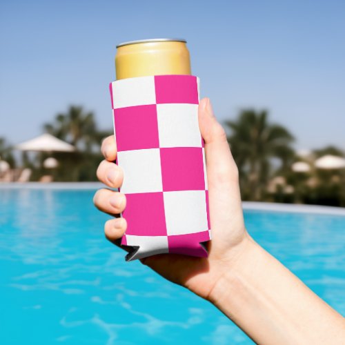 Checkered squares hot pink white geometric retro seltzer can cooler