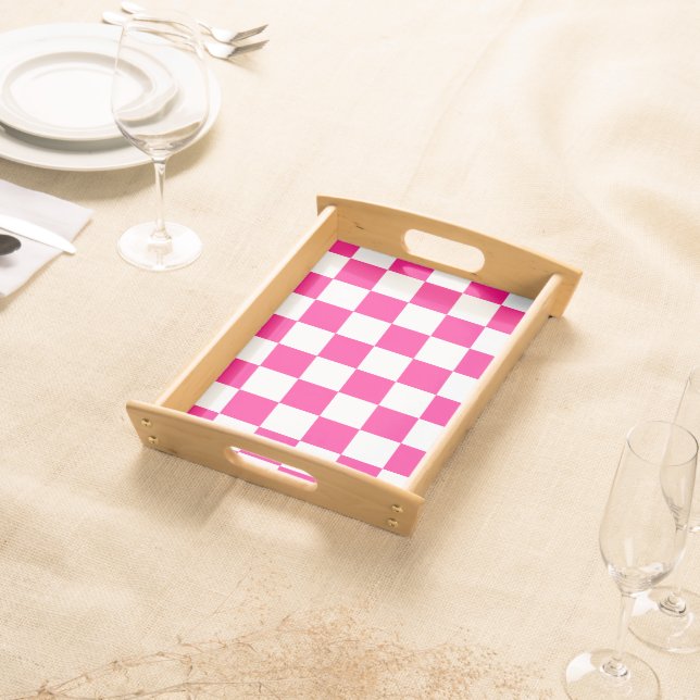 Checkered squares hot pink white geometric retro serving tray (Front)