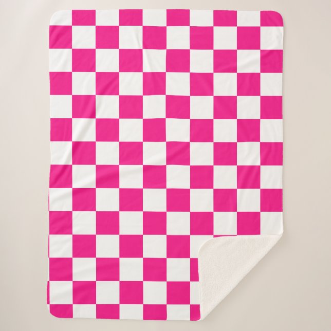Checkered squares hot pink white geometric retro sherpa blanket (Front)
