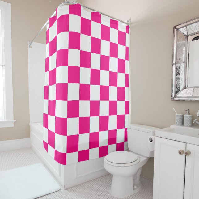 Checkered squares hot pink white geometric retro shower curtain (In Situ)