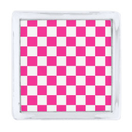 Checkered squares hot pink white geometric retro silver finish lapel pin