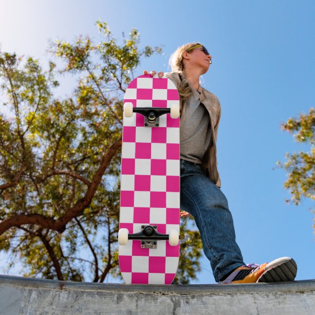 Checkered squares hot pink white geometric retro skateboard (Outdoor 1)