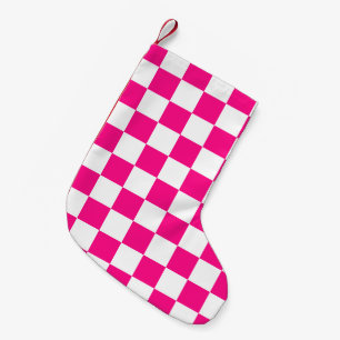 Checkered squares hot pink white geometric retro small christmas stocking