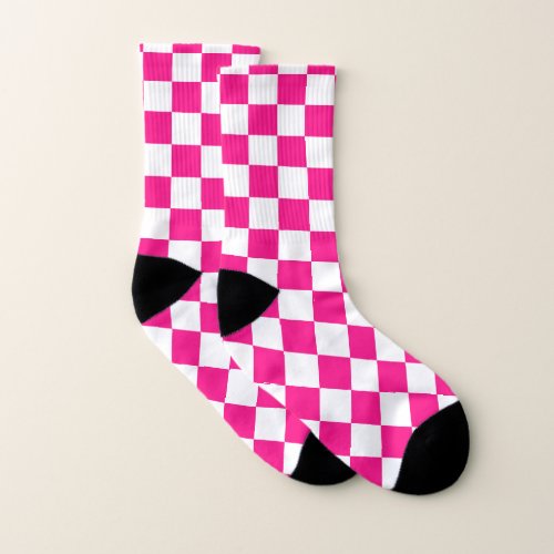 Checkered squares hot pink white geometric retro socks