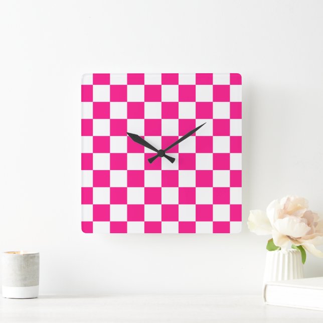 Checkered squares hot pink white geometric retro square wall clock (Home)