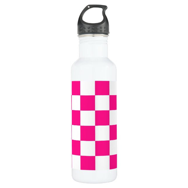 Checkered squares hot pink white geometric retro stainless steel water bottle (Front)
