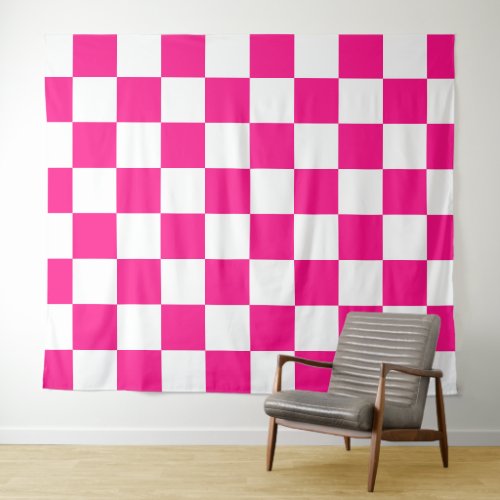 Checkered squares hot pink white geometric retro tapestry