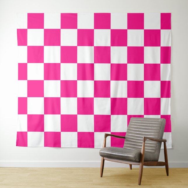 Checkered squares hot pink white geometric retro tapestry (In Situ (Horizontal))
