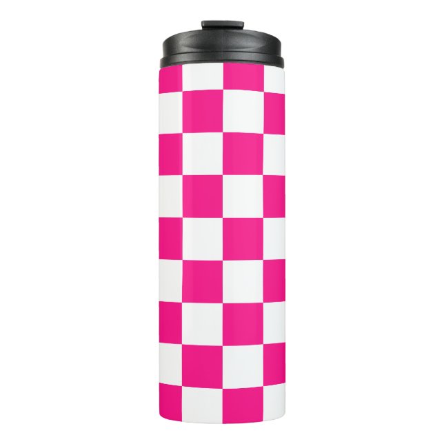Checkered squares hot pink white geometric retro thermal tumbler (Front)
