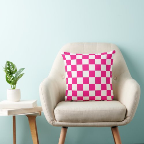 Checkered squares hot pink white geometric retro throw pillow