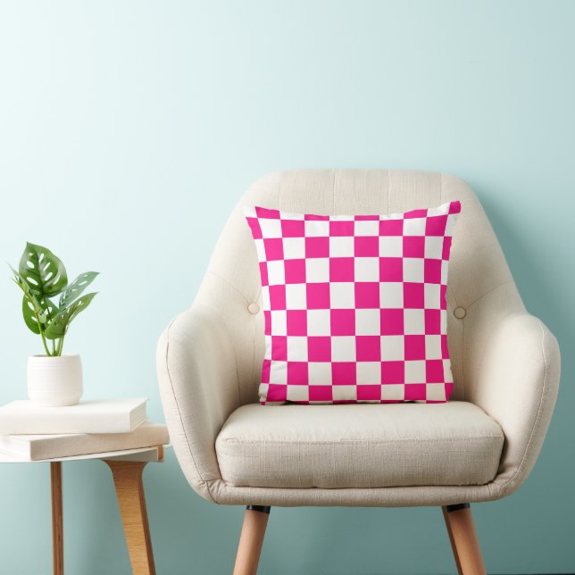 Checkered squares hot pink white geometric retro throw pillow (Chair)