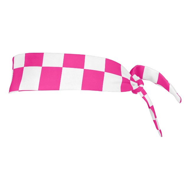 Checkered squares hot pink white geometric retro tie headband (Rotate 90)