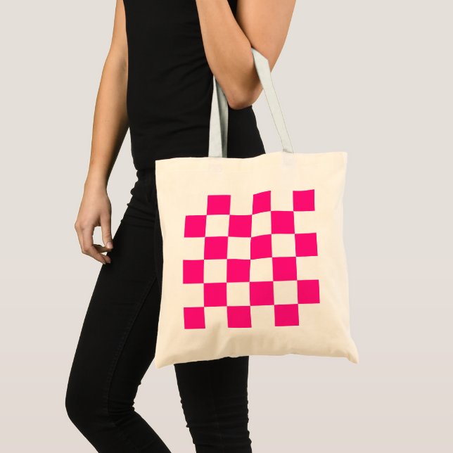 Checkered squares hot pink white geometric retro tote bag (Front (Product))