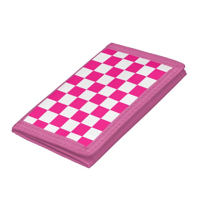 Checkered squares hot pink white geometric retro trifold wallet (Bottom)