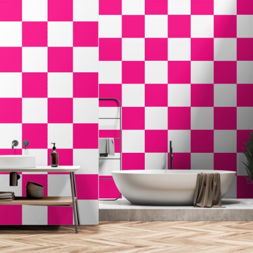 Checkered squares hot pink white geometric retro wallpaper 