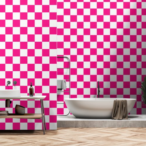Checkered squares hot pink white geometric retro wallpaper 