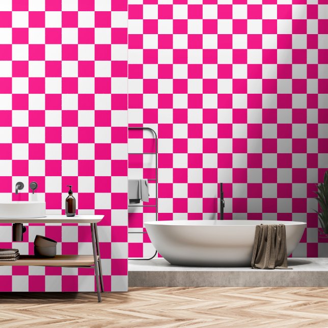 Checkered squares hot pink white geometric retro wallpaper  (Bathroom)