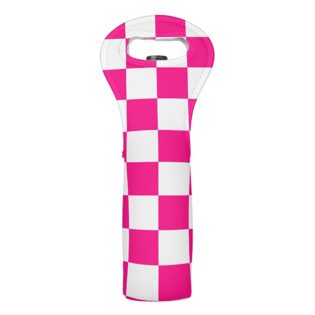 Checkered squares hot pink white geometric retro wine bag (Front)