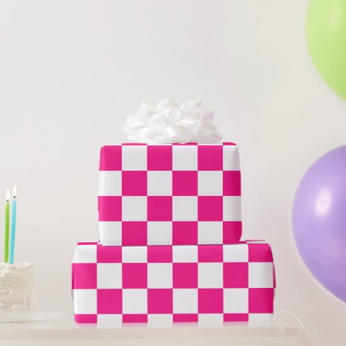 Checkered squares hot pink white geometric retro wrapping paper