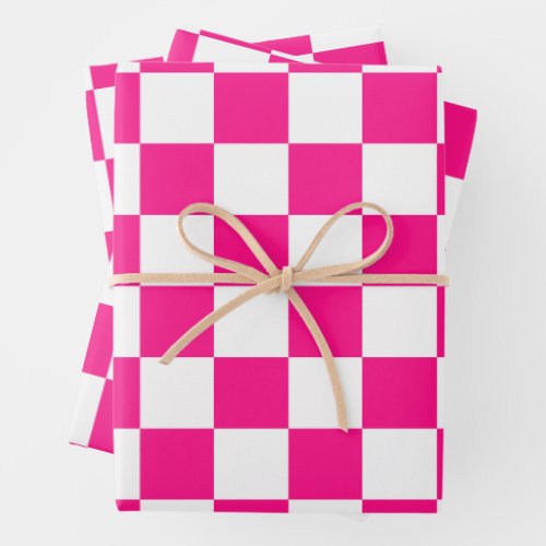 Checkered squares hot pink white geometric retro wrapping paper sheets