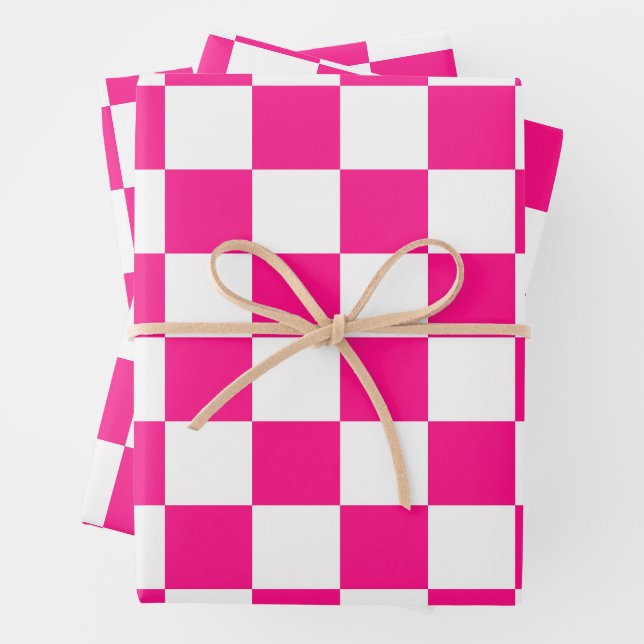 Checkered squares hot pink white geometric retro wrapping paper sheets (In situ)