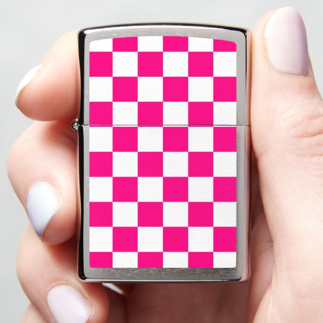 Checkered squares hot pink white geometric retro zippo lighter (In Hand)