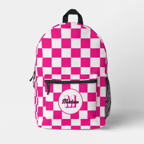 Checkered squares hot pink white geometry Monogram Printed Backpack