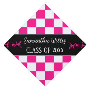 Checkered squares hot pink white retro Custom name Graduation Cap Topper